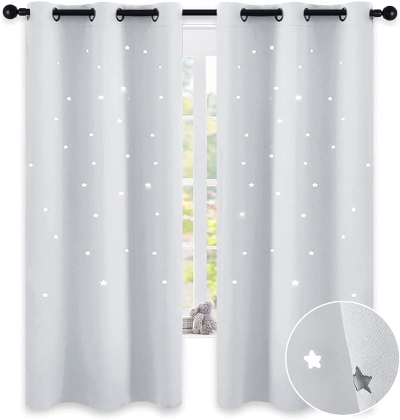 NICETOWN Magic Starry Window Drapes - Laser Cutting Stars Nap Time Blackout Window Curtains for Children'S Room, Nursery, Themed Home, Space-Lovers Decor (W42 X L63 Inches, 2 Pack, Black) Home & Garden > Decor > Window Treatments > Curtains & Drapes NICETOWN Greyish White W42 x L63 