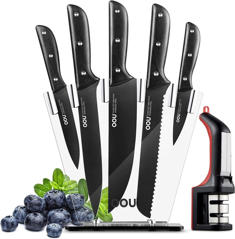 OOU Kitchen Knife Block Set - 7 Pieces Premium Black Knife Set, Dishwasher Safe Knife Set with Sharpener, German Stainless Steel Chef Knives Set, Ultra Sharp Modern Knife Sets