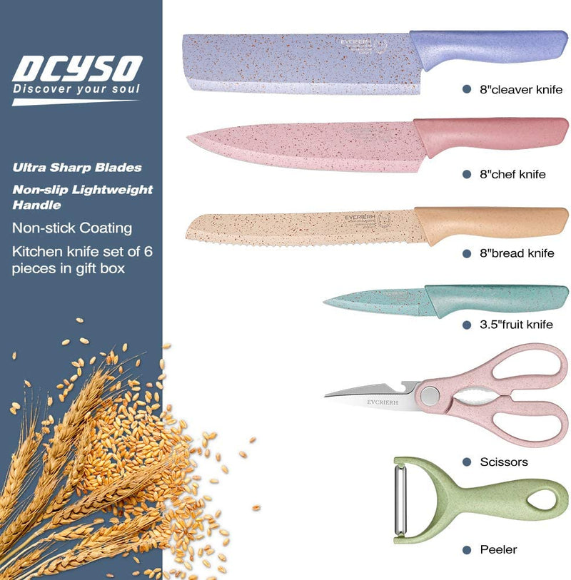 DCYSO Kitchen Knife Set of 6 Pieces in Gift Box, Professional Stainless Steel Colored Ultra Sharp Chef Knives Set, Unique Gift for Friends, Family,Birthday,Christmas,Camping