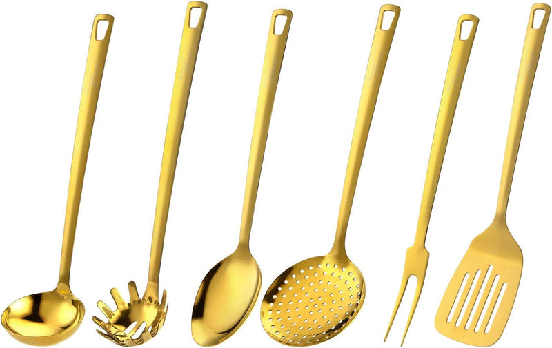 DISHWASHER SAFE Utensil Set, Marco Almond® Golden Titanium Utensils Sets, Stainless Steel Kitchen Cooking Spoons, Ladle Skimmer & Spatula Utensil Sets,6Pcs Frying & Grilling Cookware Tools Home & Garden > Kitchen & Dining > Kitchen Tools & Utensils Marco Almond Gold/6-Piece  