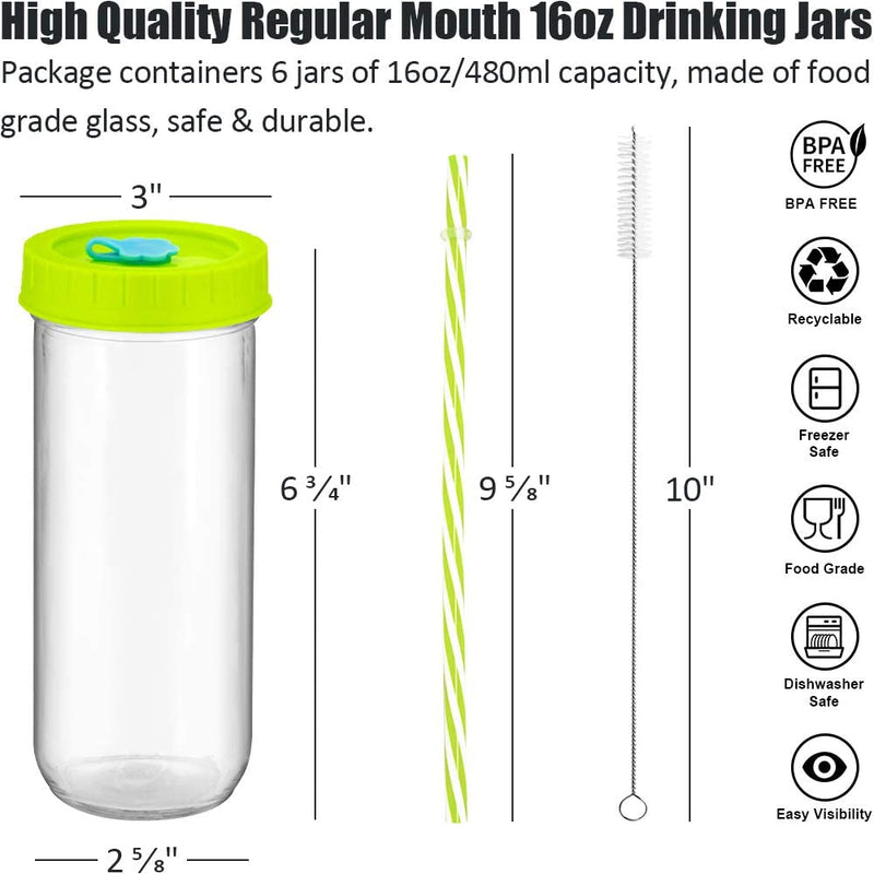 Glass Drinking Bottle Travel Drinking Jars 6 Pack, 16Oz Mason Jars Regular Mouth Beverage Bottle with Airtight Lids &Straws, Reusable Water Bottle Skinny Tumbler for Juice/Smoothies,/Kombucha/Tea/Milk Home & Garden > Decor > Decorative Jars Qinline   