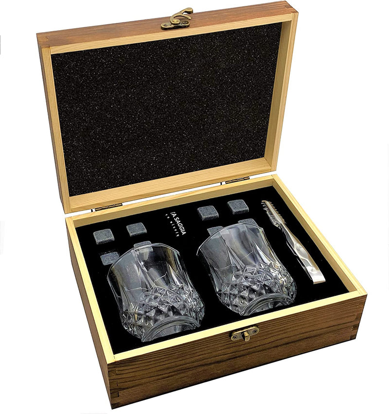 Luxury Whiskey Glass Set of 2, Gift Set in Wooden Box, Includes 8 Whiskey Ice Stones, Velvet Bag and Stainless Steel Tongs. Great Gift for Men, Dad, Christmas. (10 Oz Glass W/ Coasters) Home & Garden > Kitchen & Dining > Barware Vita Saggia 7 Oz Glass w/o Coasters  