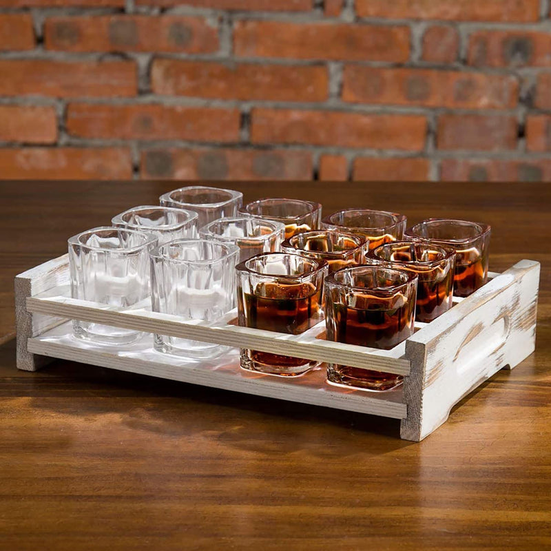Mygift Shot Glasses Server Set Includes 12 Square Glasses and Whitewashed Wood Serving Tray Home & Garden > Kitchen & Dining > Barware MyGift Whitewashed  