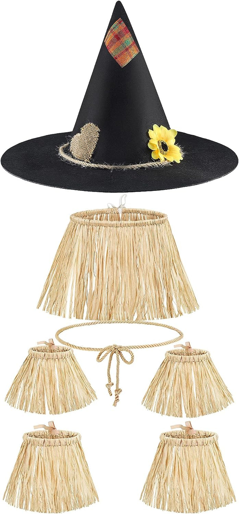 Geyoga 7 Pieces Scarecrow Costume Set Include Raffia Scarecrow Straw Kit Scarecrow Hat for Halloween Harvest Party Accessory  Geyoga Rustic Color  