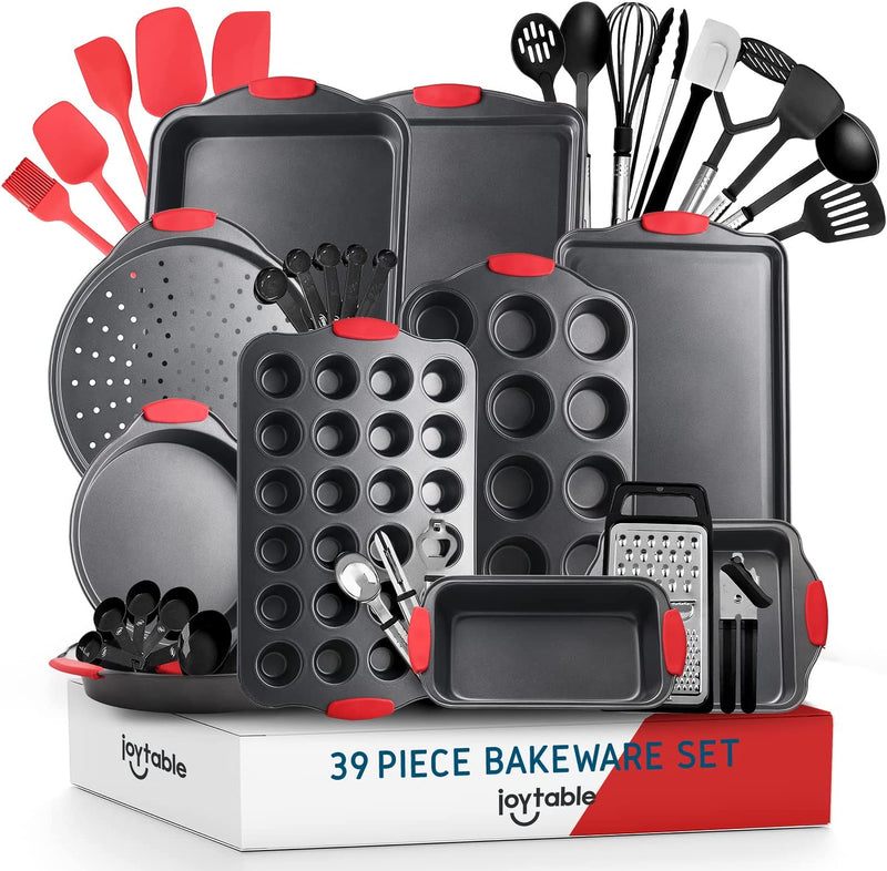 Joytable Nonstick Bakeware Sets with Baking Pans Set, 15 Piece Baking Set with Muffin Pan, Cake Pan & Cookie Sheets for Baking Nonstick Set, Steel Baking Sheets for Oven with Kitchen Utensils - Black