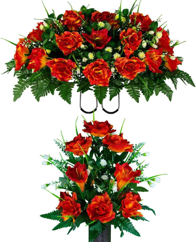Sympathy Silks Artificial Cemetery Flowers – Realistic- Outdoor Grave Decorations - Non-Bleed Colors, and Easy Fit - Lavender Amaryllis & Purple Rose Saddle for Headstone Home & Garden > Decor > Seasonal & Holiday Decorations Rubys Silk Flowers Fire Orange Bouquet and Saddle 