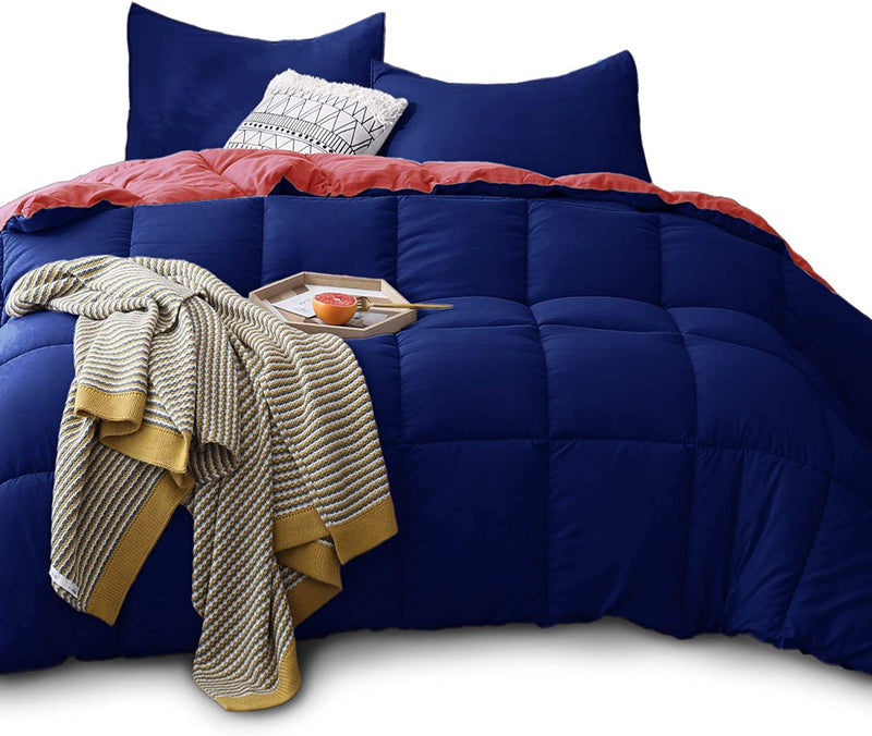 KASENTEX All Season down Alternative Quilted Comforter Set - Reversible Duvet Insert - Machine Washable (Navy/Coral, Twin Set)