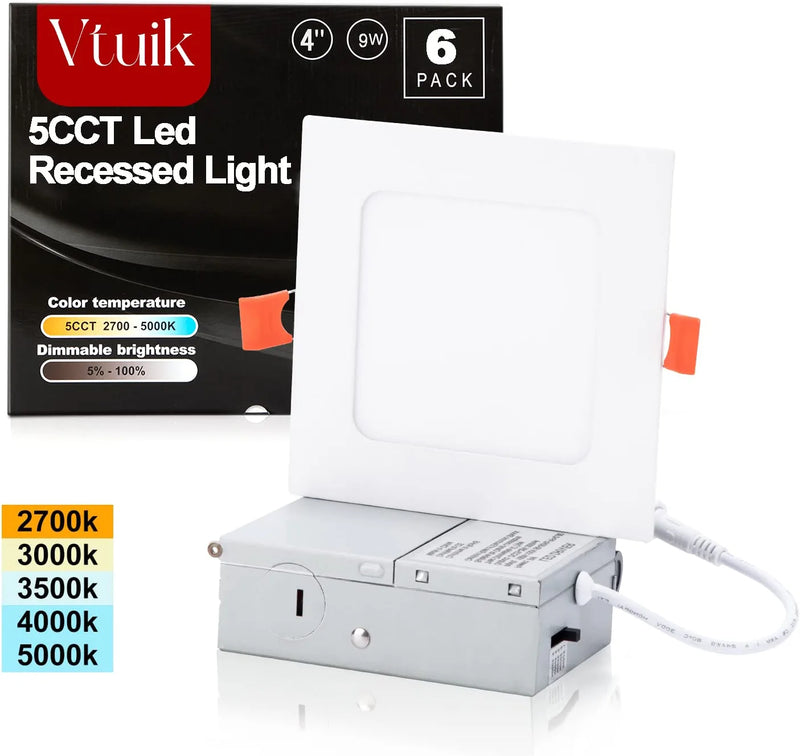 Vtuik 6 Pack 4 Inch Square Led Recessed Lighting,9W Dimmable LED Can Light Retrofit with Junction Box, 720Lm LED Downlight 5CCT 2700K-5000K Adjustable with a Simple Switch IC Rated,Etl Listed Home & Garden > Lighting > Flood & Spot Lights Vtuik Square 6PACK 