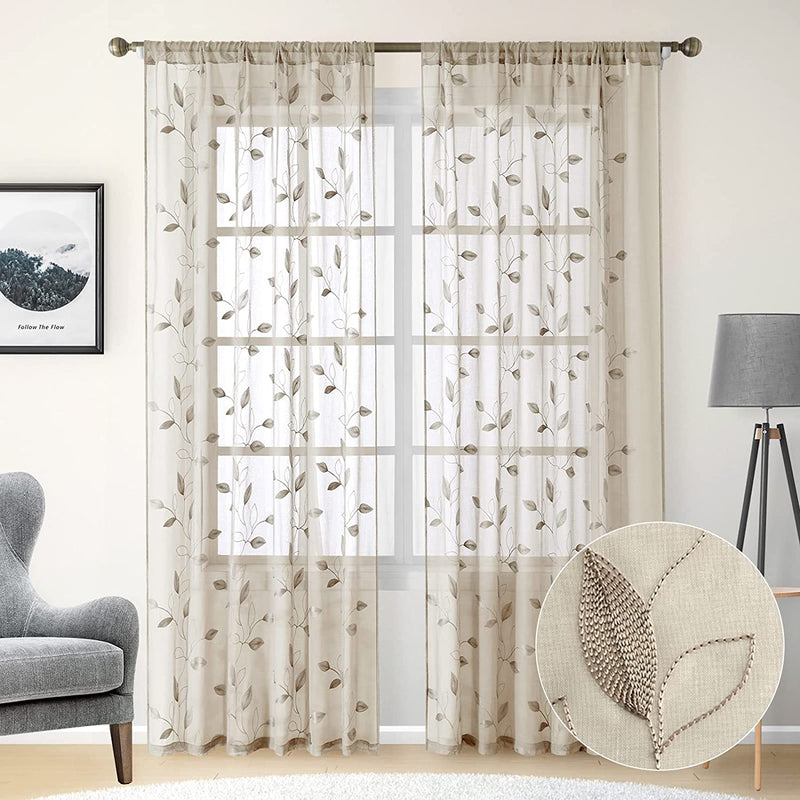 HOMEIDEAS White Sheer Curtains 52 X 63 Inches Length 2 Panels Embroidered Leaf Pattern Pocket Faux Linen Floral Semi Sheer Voile Window Curtains/Drapes for Bedroom Living Room Home & Garden > Decor > Window Treatments > Curtains & Drapes HOMEIDEAS 2-taupe/Beige W52" X L96" 