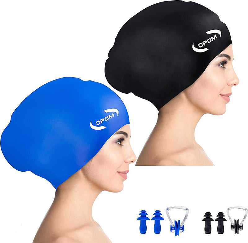 Women Silicone Swimming Cap, High Elasticity Thick Swim Hats for Long Hair, Bathing Swimming Caps for Women and Men Keep Your Hair Dry, with Ear Plugs and Nose Clip, Easy to Put on and Off Sporting Goods > Outdoor Recreation > Boating & Water Sports > Swimming > Swim Caps china black+blue  