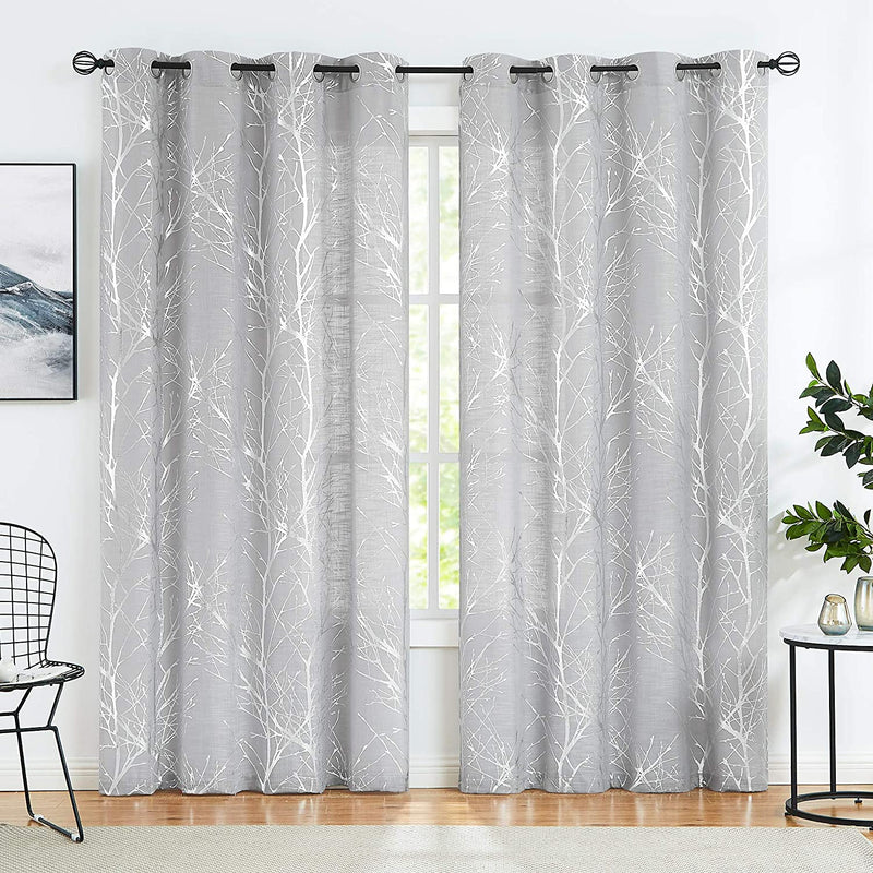 FMFUNCTEX Branch White Curtains 84” for Living Room Grey and Auqa Bluetree Branches Print Curtain Set Wrinkle Free Thick Linen Textured Semi-Sheer Window Drapes for Bedroom Grommet Top, 2 Panels Home & Garden > Decor > Window Treatments > Curtains & Drapes FMFUNCTEX Semi-sheer: Grey + Foil Silver 50" x 45" 
