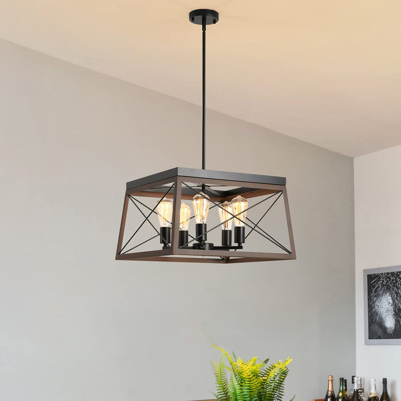 Frank S.Burton Farmhouse Chandeliers Rectangle Black 6 Light Dining Room Lighting Fixtures Hanging Pendant Lights Kitchen Island Lighting Contemporary Ceiling Light with Adjustable Rods Home & Garden > Lighting > Lighting Fixtures Frank S.Burton 5-lights wooden frame  