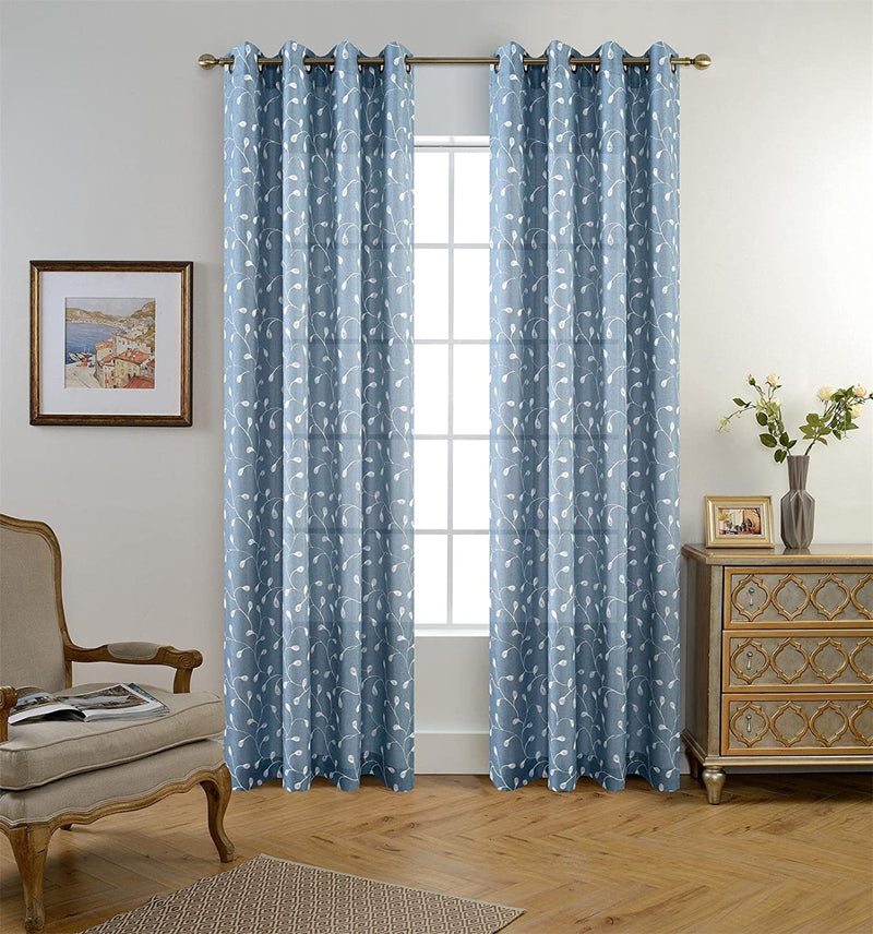 MIUCO Floral Embroidered Semi Sheer Curtains Faux Linen Grommet Window Curtain for Living Room 52 X 84 Inch 2 Panels, Dusty Blue Sporting Goods > Outdoor Recreation > Fishing > Fishing Rods MIUCO   