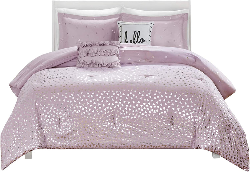Intelligent Design Zoey Triangle Metallic Print, Cozy Comforter Set All Season Bedding Set, Matching Sham, Decorative Pillow, Twin/Twin XL, Purple/Silver 4 Piece