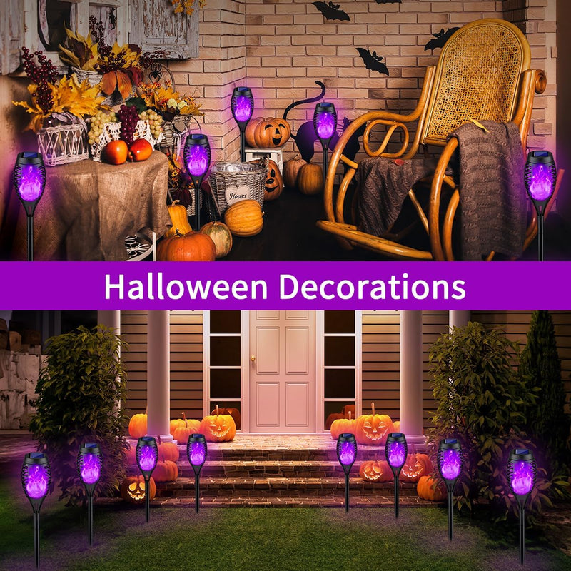 Outdoor Halloween Decorations, 8Pack Halloween Solar Lights with Purple Flame for Halloween Decor, Waterproof Halloween Lights Outdoor, Solar Pathway Lights for outside Halloween Yard Decorations Lawn  ZX Tech   