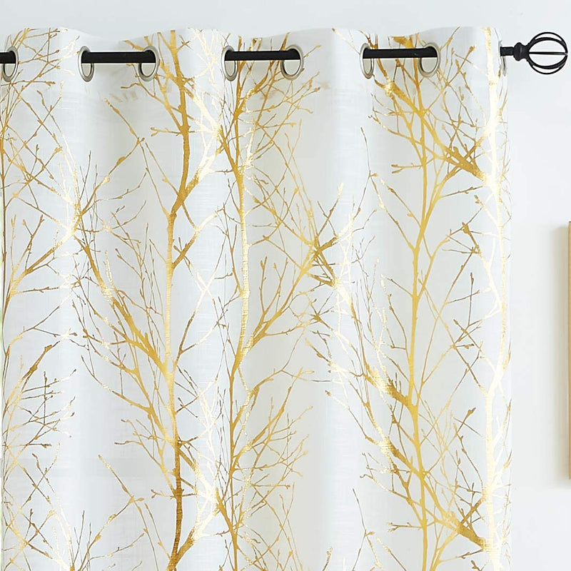 FMFUNCTEX Branch White Curtains 84” for Living Room Grey and Auqa Bluetree Branches Print Curtain Set Wrinkle Free Thick Linen Textured Semi-Sheer Window Drapes for Bedroom Grommet Top, 2 Panels Home & Garden > Decor > Window Treatments > Curtains & Drapes FMFUNCTEX Semi-sheer: White + Foil Gold 50" x 45" 