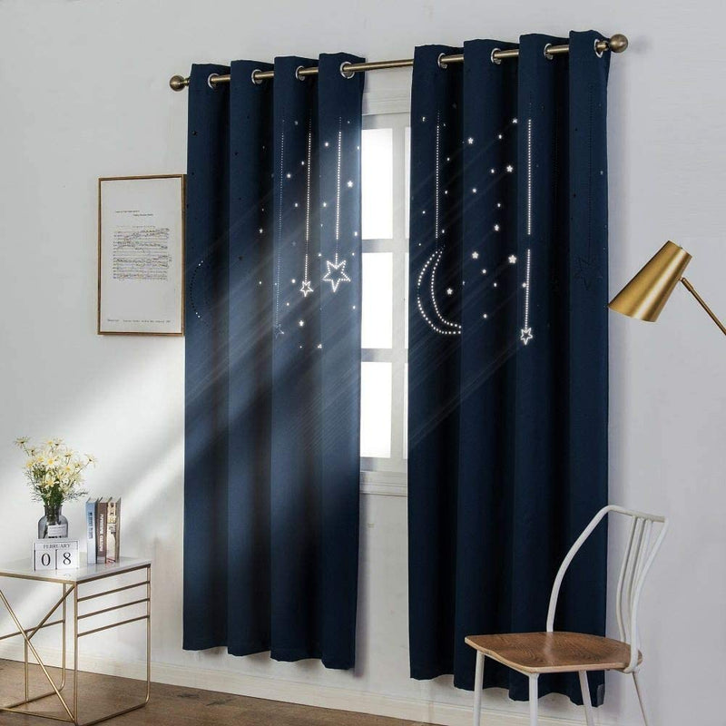 MANGATA CASA Kids Blackout Curtains with Moon & Star for Bedroom-Cutout Galaxy Window Curtains & Drapes with Grommet for Nursery Living Room-Baby Curtains 63 Inch Length 2 Panels(Beige 52X63In) Home & Garden > Decor > Window Treatments > Curtains & Drapes MANGATA CASA Dark Navy 52x84inch-2panels 