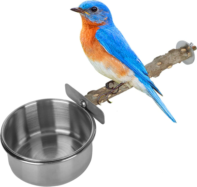 Wood Bird Perch with Bird Feeding Cups Stainless Steel Parrot Food Water Bowls Dish Feeder for Cockatiel Conure Budgies Parakeet [L] Feeding & Watering Supplies Animals & Pet Supplies > Pet Supplies > Bird Supplies > Bird Cage Accessories > Bird Cage Food & Water Dishes Pssopp Medium  
