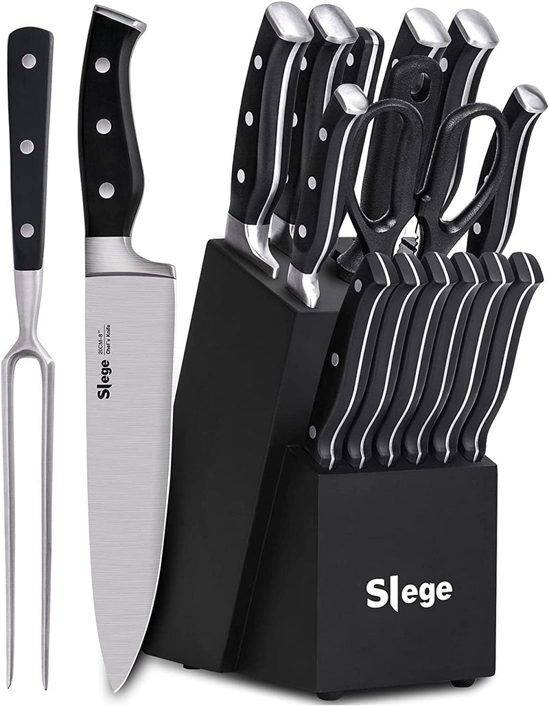 Knife Set, Slege 16-Pieces Kitchen Knife Set with Block, Stainless Steel Kitchen Knives with Sharpener, Kitchen Shears and Carving Fork, Black