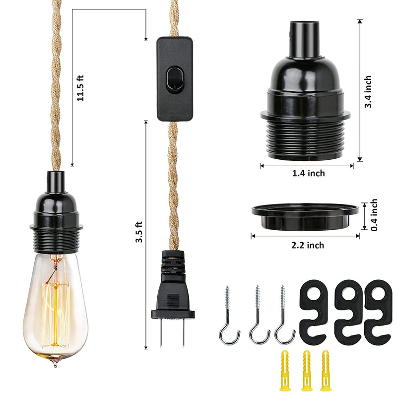 15Ft Pendant Light Cord - Wonfly Plug in Hanging Light Kit with Switch Cord E26 E27 Socket, Industrial Vintage Fabric Cord with Twisted Hemp Rope Pendant Lights for Lighting Decors Home & Garden > Lighting > Lighting Fixtures Wonfly   