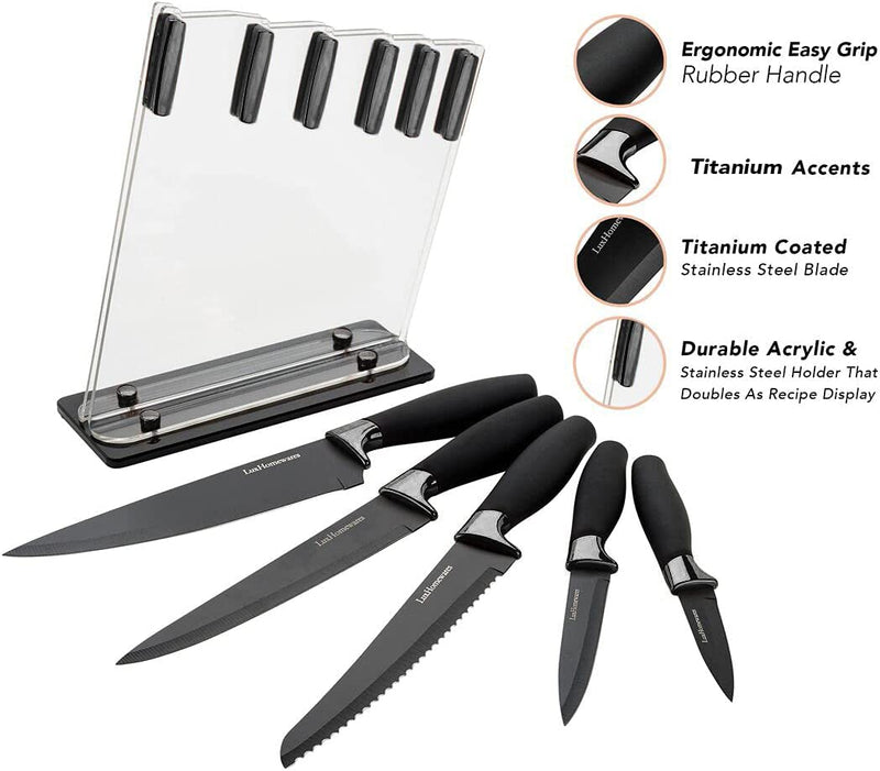 Luxhomewares 6 Piece Knife Set | 5 Beautiful Black Titanium Knives with Block Sharp Kitchen Sets Multiple Size, All Purpose 8 Inch Chef, Bread, & Carving Utility Paring Home & Garden > Kitchen & Dining > Kitchen Tools & Utensils > Kitchen Knives Luxhomewares   