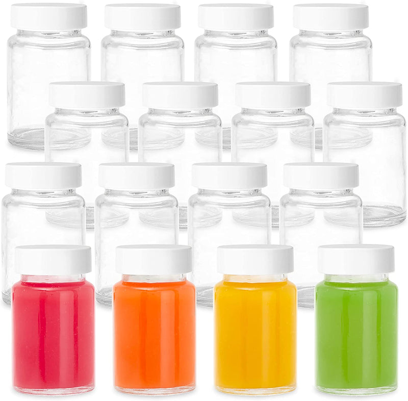 Ilyapa Glass Juice Shot Bottles Pack of 16-2Oz on the Go Beverage Storage Container with White Cap, Reusable, Leak Proof