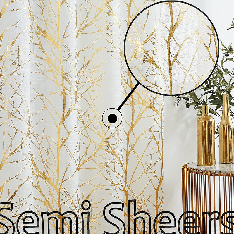 FMFUNCTEX Branch White Curtains 84” for Living Room Grey and Auqa Bluetree Branches Print Curtain Set Wrinkle Free Thick Linen Textured Semi-Sheer Window Drapes for Bedroom Grommet Top, 2 Panels Home & Garden > Decor > Window Treatments > Curtains & Drapes FMFUNCTEX Semi-sheer: White + Foil Gold 50" x 72" 