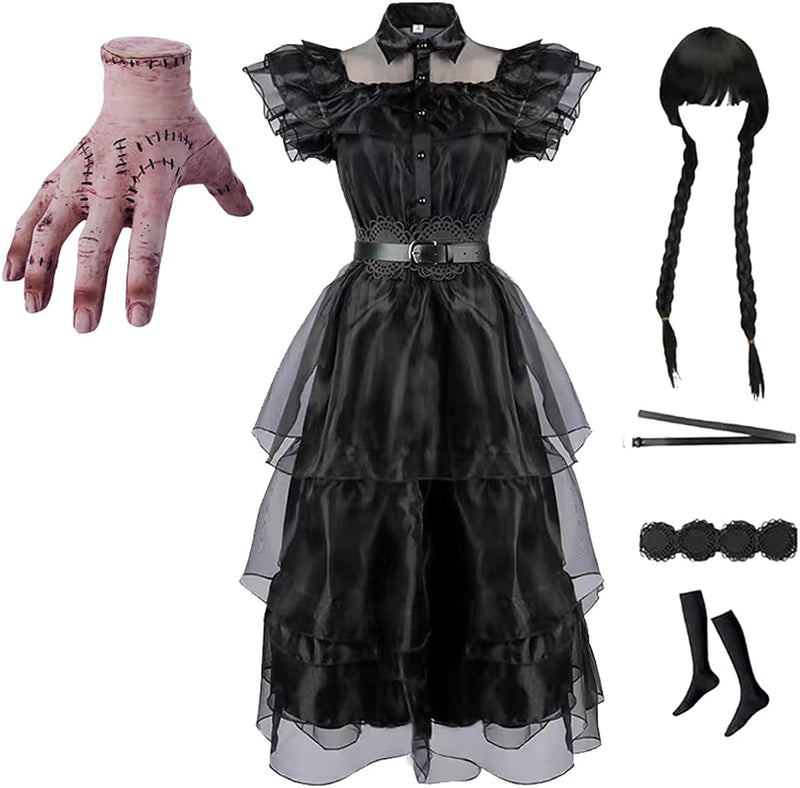 YDYDYYD Wednesday Addams Dress Halloween Costumes Girls Kids Toddler, with Props Thing Hand/Wig/Belt/Socks for 3-14Years  YDYDYYD   