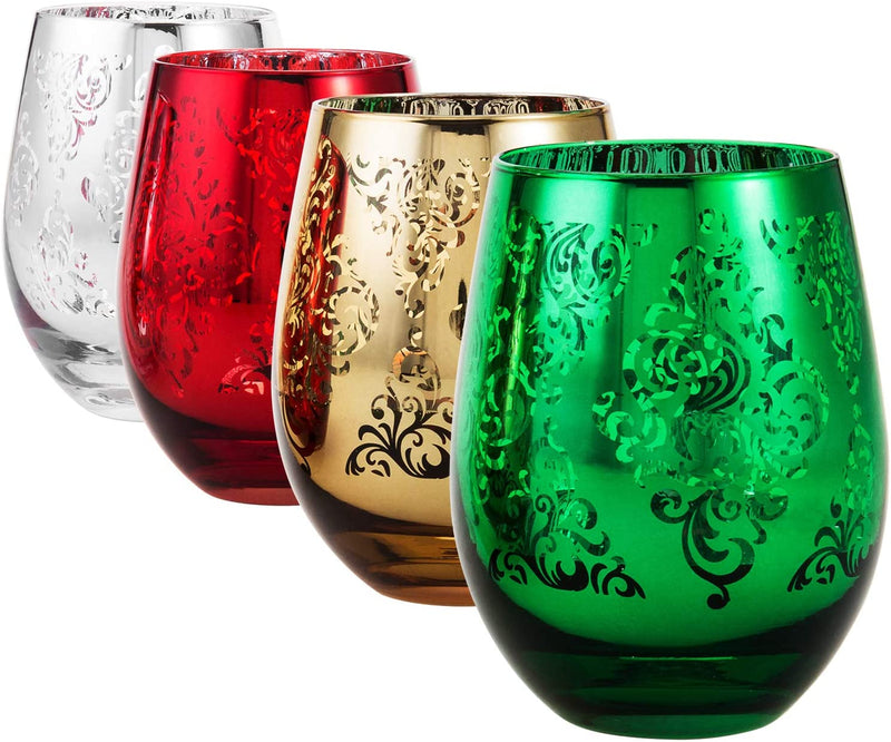 Mygift Assorted Christmas Themed Stemless Wine Glasses, Set of 4
