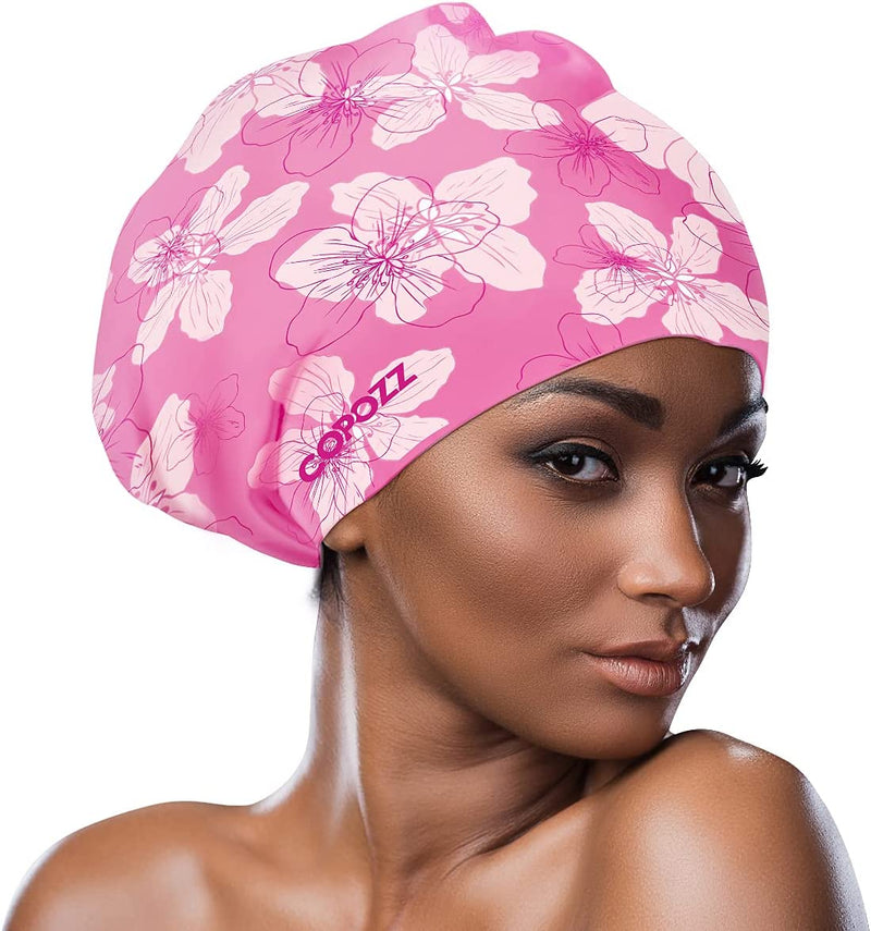 COPOZZ Extra Large Swim Cap, Designed for Long Hair Braids Dreadlocks Weaves Hair Extensions Curls & Afros, Silicone Bathing Cap Swimming Hat for Women Men Sporting Goods > Outdoor Recreation > Boating & Water Sports > Swimming > Swim Caps COPOZZ Pink Flower  