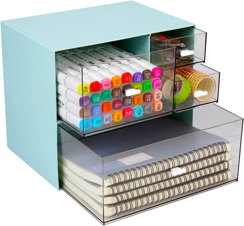 Osteed Desktop Drawers, Desk Organizer with 7 Drawers, Stackable Plastic Storage Box for Home Collection, Cosmetics, Office Supplies (4 Flat Layers, White) Home & Garden > Household Supplies > Storage & Organization OSteed Blue 2 Deep Layers & 4 Drawers 