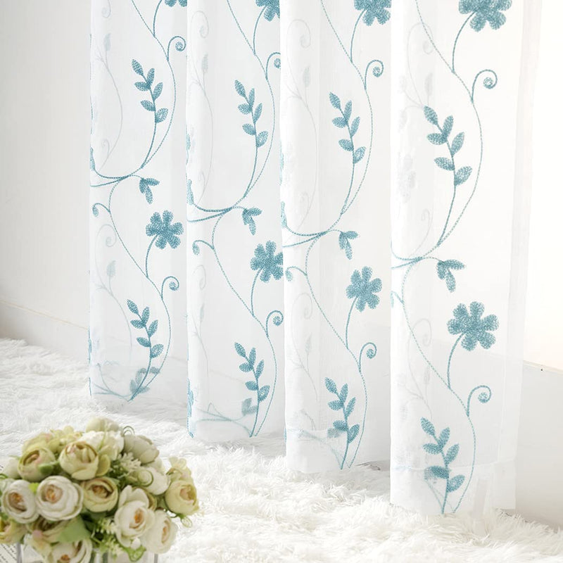 Floral Blue Sheer Curtains 63 Inch Length 2 Panels, Embroidered Sheer Curtains for Living Room, Rod Pocket Semi Sheer Drapes Window Curtain Panels for Kitchen, Bedroom, White and Blue, 52 X 63 Inch Home & Garden > Decor > Window Treatments > Curtains & Drapes CaaMoo   