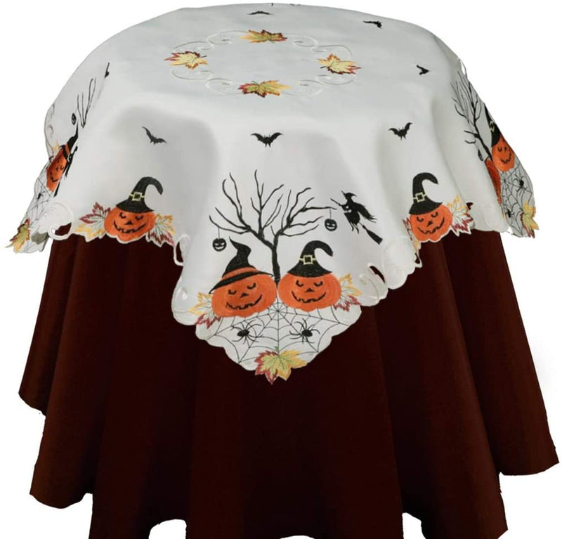 Creative Linens Halloween Tablecloth 33" Square, Embroidered Spooky Pumpkin Bats Spider Web Witch Table Topper for Fall Holiday Decoration, Ivory Home & Garden > Decor > Seasonal & Holiday Decorations Creative Linens 33" square  