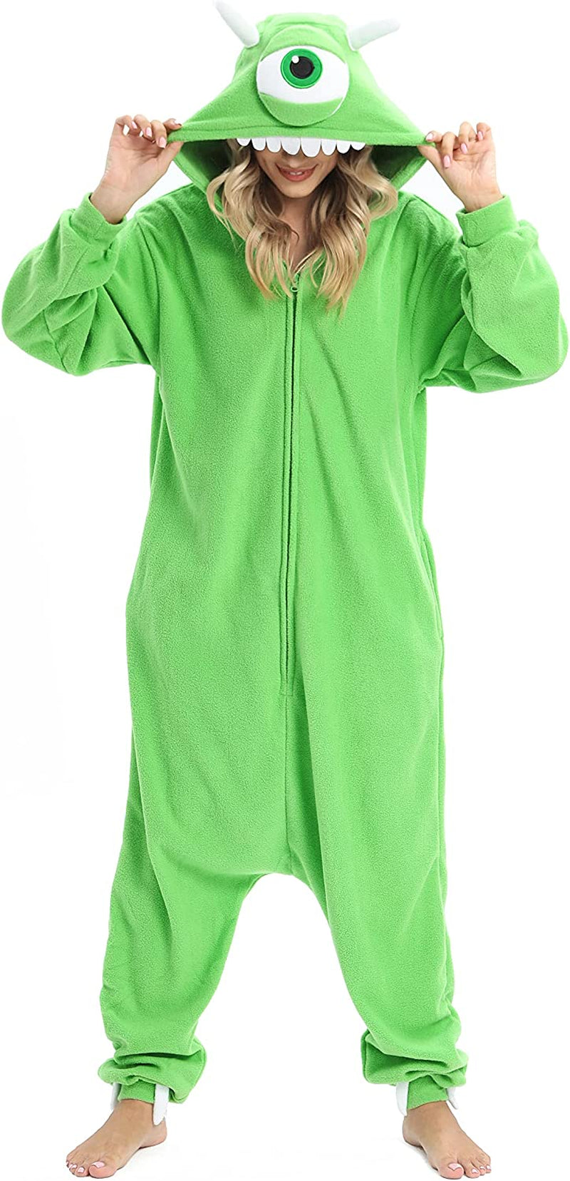 Wishliker Unisex Adult Cow Onesie Costume Halloween Cosplay Animal Pajamas One Piece  Wishliker Mike Wazowski-Zipper-Green Large 