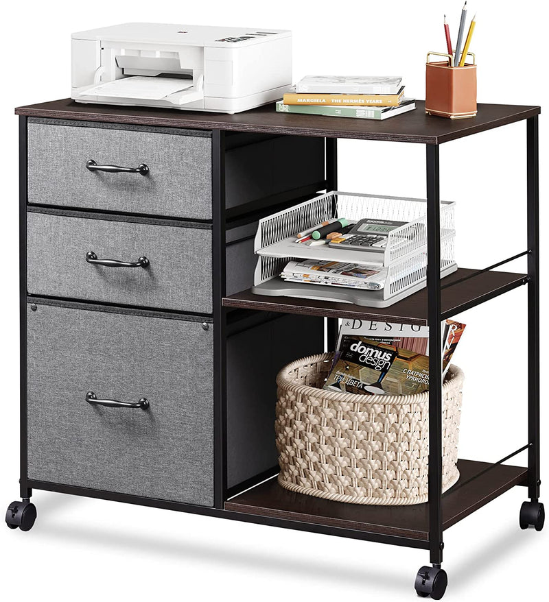 DEVAISE 3 Drawer Mobile File Cabinet, Rolling Printer Stand with Open Storage Shelf, Fabric Lateral Filing Cabinet Fits A4 or Letter Size for Home Office, Rustic Brown Home & Garden > Household Supplies > Storage & Organization DEVAISE Dark Grey  