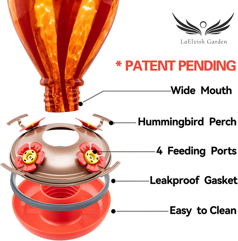 Laelvish Garden Hummingbird Feeder, 34 Ounces Hand Blown Glass Hummingbird Feeders for Outdoors Hanging, 4 Feeding Perch, with Ant Moat, Hanging Hook, Leakproof (Hot Air Balloon) Animals & Pet Supplies > Pet Supplies > Bird Supplies > Bird Cage Accessories > Bird Cage Food & Water Dishes LaElvish Garden   