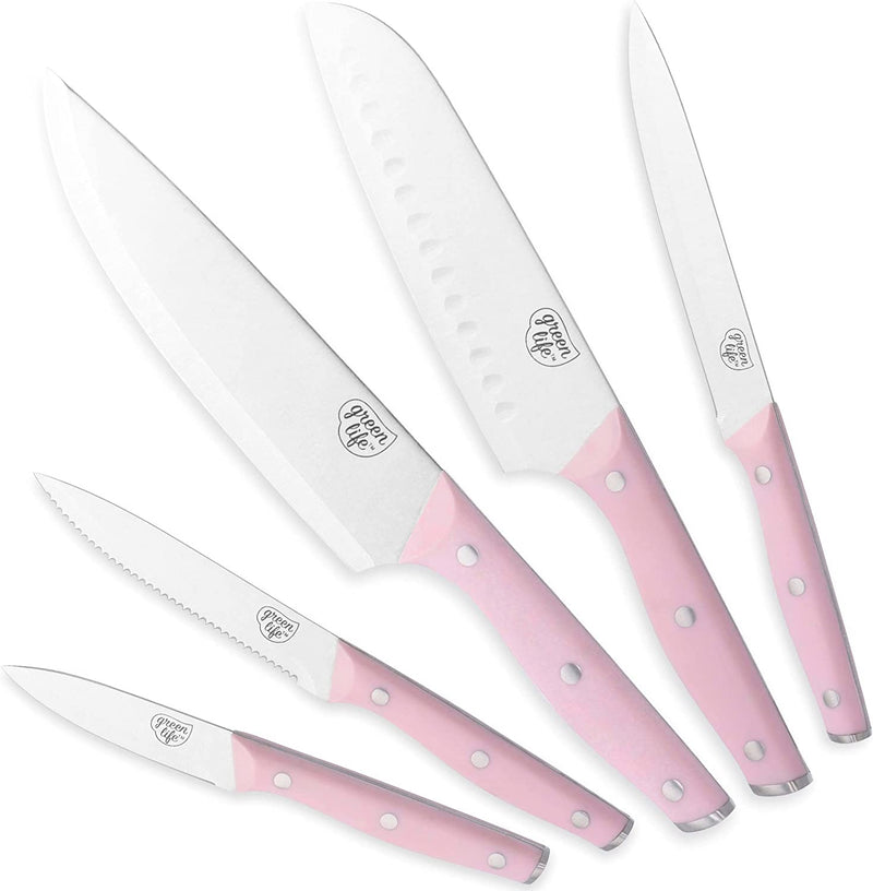 Greenlife High Carbon Stainless Steel 13 Piece Wood Knife Block Set with Chef Steak Knives and More, Comfort Grip Handles, Triple Rivet Cutlery, Soft Pink Home & Garden > Kitchen & Dining > Kitchen Tools & Utensils > Kitchen Knives GreenLife Pink 5 Piece Knife Set with Covers 