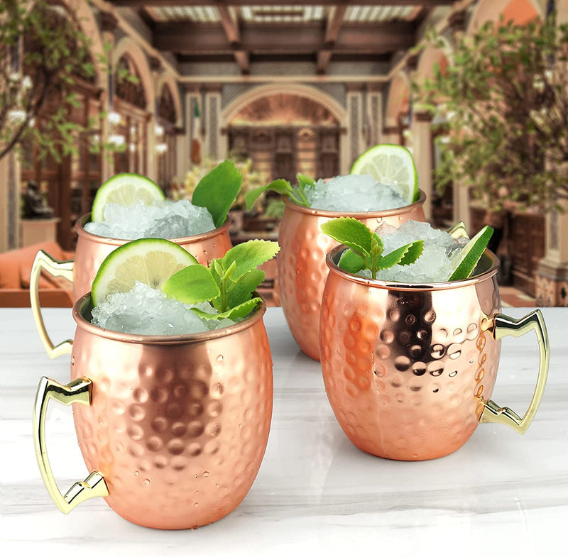 PG Moscow Mule Mugs | Large Size 19 Ounces | Set of 4 Hammered Cups | Stainless Steel Lining | Pure Copper Plating | Gold Brass Handles | 3.7 Inches Diameter X 4 Inches Tall