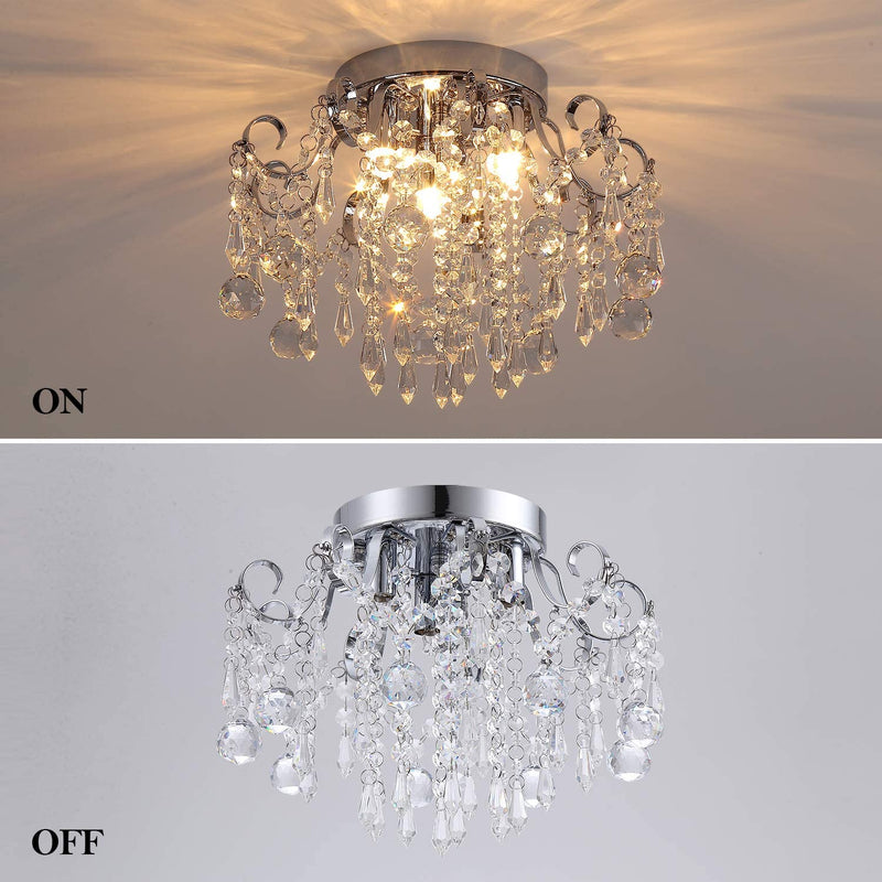 Q&S Small Crystal Chandelier Flush Mount Ceiling Light 3 Lights Modern Chrome Iron Raindrop Crystal Ceiling Fixture for Bedroom Hallway Closet Entryway Stairs Home & Garden > Lighting > Lighting Fixtures > Chandeliers Q&S   