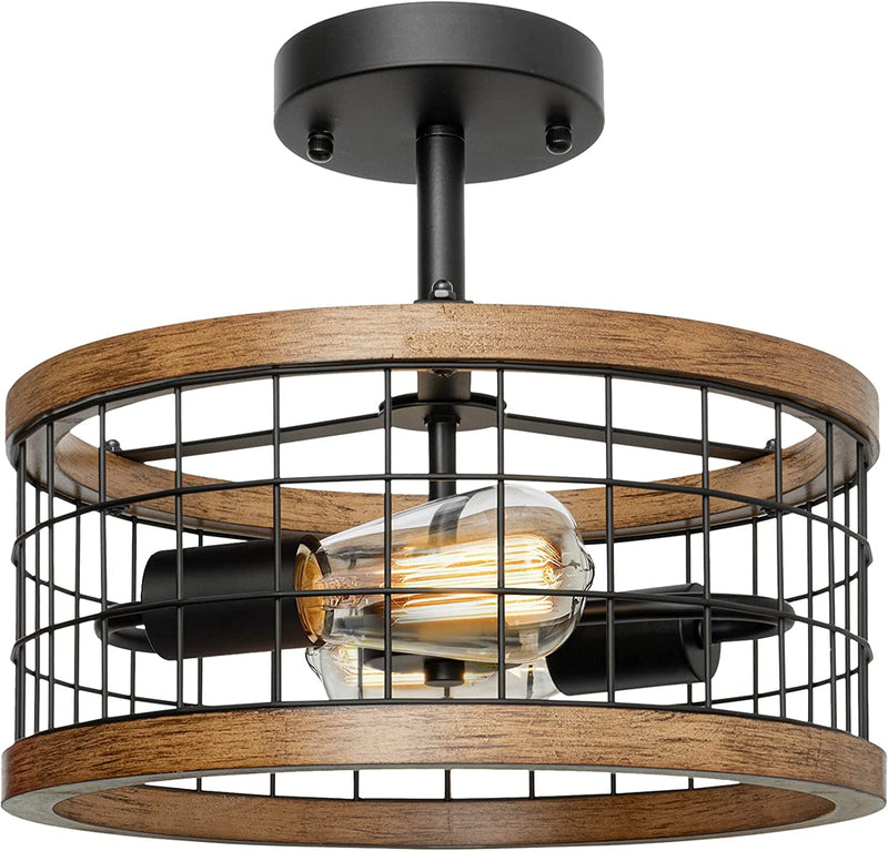 WOAEKR 4-Light Rustic Chandelier for Entryway, round Farmhouse Light Fixtures for Dining Room, Industrial Drum Hanging Pendant Lighting for Kitchen Island, Nature Wood Texture and Black Metal Finish Home & Garden > Lighting > Lighting Fixtures > Chandeliers WOAEKR 13.2"(D)/11.8"(H)  