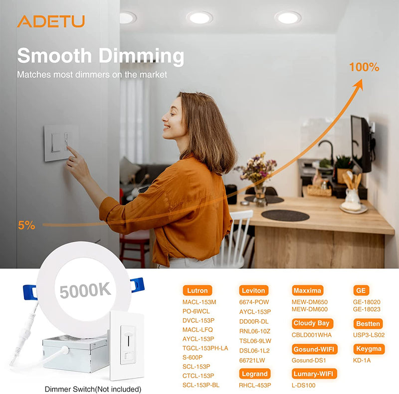 Adetu 12 Pack 6 Inch Ultra-Thin LED Recessed Ceiling Light with Junction Box, 5000K Daylight, 12W110W Eqv, Dimmable Can-Killer Downlight, 1080LM High Brightness - ETL and Energy Star Certified Home & Garden > Lighting > Flood & Spot Lights Adetu   
