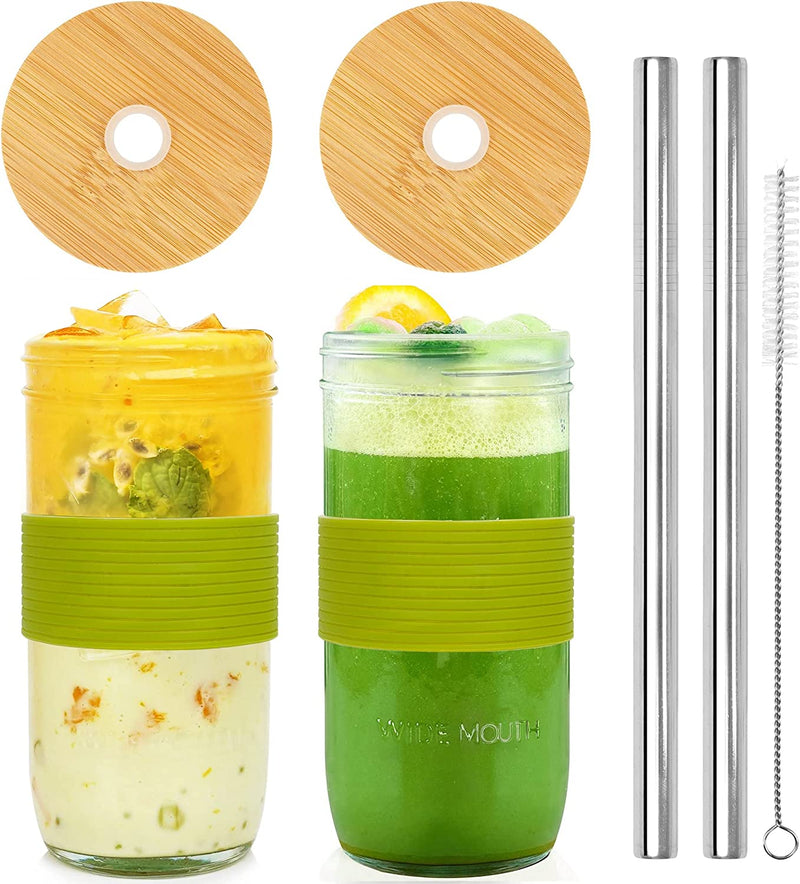 Mason Jar with Lid and Straw, ANOTION 32Oz Wide Mouth Boba Cup Reusable Drinking Glasses Tumbler Smoothie Water Bottles for Iced Coffee Margaritas Ice Cream Juice Cocktail Travel Office Home Home & Garden > Kitchen & Dining > Tableware > Drinkware ANOTION 2 Jars: Upgrade Bamboo Lid+Green Non-Slip Cover  