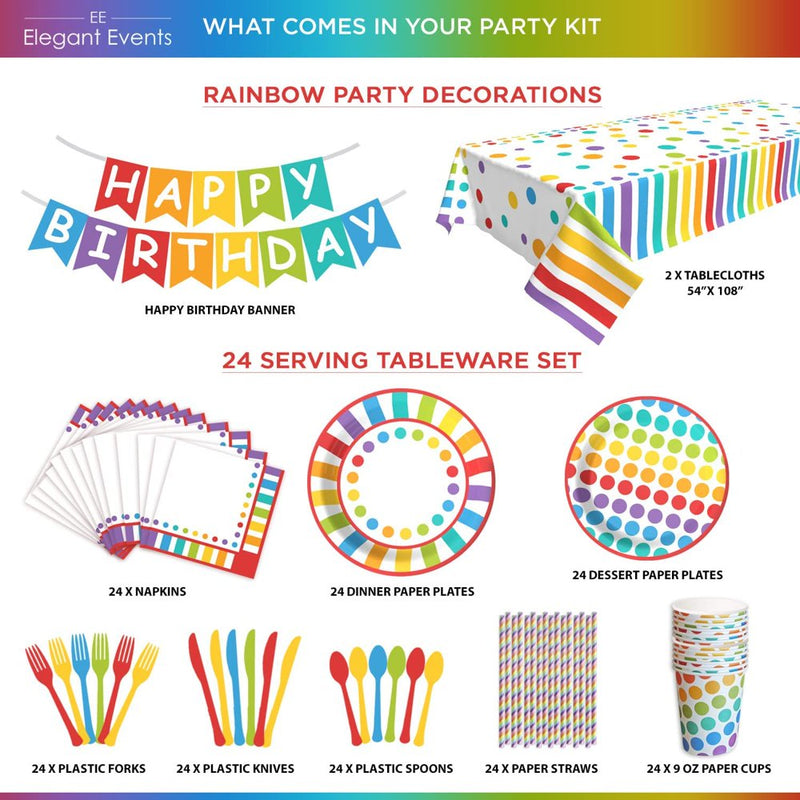 Elegant Events Rainbow Birthday Party Supplies Decorations 195 Piece Kit with Plates, Cups, Napkins, Straws, Tablecloth, Banner, Cutlery for 24 Guests Kids Colorful Paper Set Multi Color Theme Arts & Entertainment > Party & Celebration > Party Supplies Elegant Events   