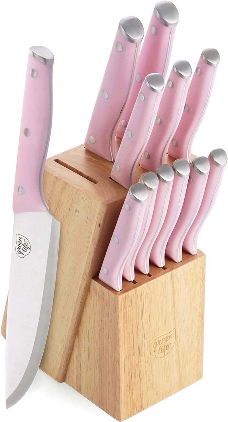 Greenlife High Carbon Stainless Steel 13 Piece Wood Knife Block Set with Chef Steak Knives and More, Comfort Grip Handles, Triple Rivet Cutlery, Soft Pink Home & Garden > Kitchen & Dining > Kitchen Tools & Utensils > Kitchen Knives GreenLife Pink 13 Piece Knife Block Set 