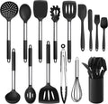 LIANYU 15-Piece Cooking Kitchen Utensils Set with Holder, Silicone Kitchen Tools Stainless Steel Handle, Slotted Spatula Spoon Turner Tong Whisk Brush for Cooking, Red Home & Garden > Kitchen & Dining > Kitchen Tools & Utensils LIANYU Black  
