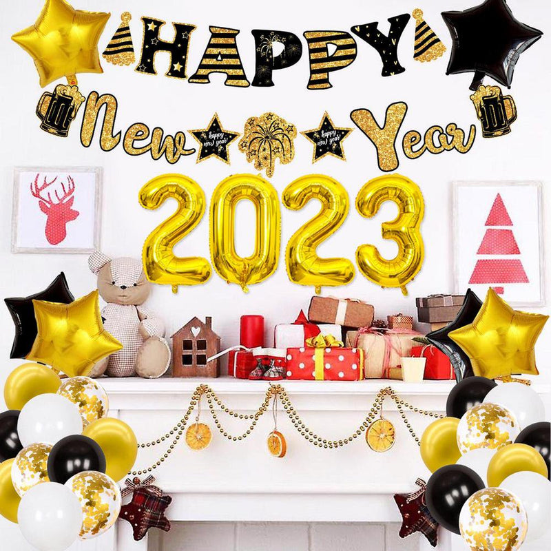 Geruite 2023 New Year Balloons Happy New Year Inflatable Foil Balloons 2023 Balloons Set Happy New Year Supplies for Party Decor & Event Decorations Fit Arts & Entertainment > Party & Celebration > Party Supplies Geruite   