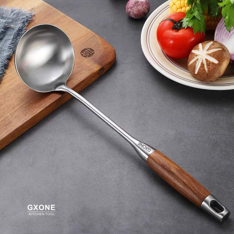 Soup Ladle ,304 Stainless Steel Cooking Ladle Spoon Wok Tools with Long Wooden Handle Heat Resistant,Silver/14.6Inch Home & Garden > Kitchen & Dining > Kitchen Tools & Utensils GXONE   