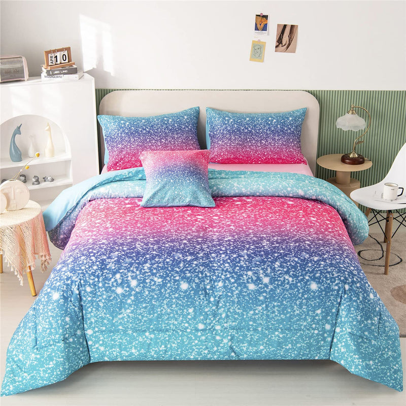 RYNGHIPY 6Pcs Gradient Glitter Bedding Set for Girls Twin Size, Colorful Rainbow All-Season Comforter Set, Ultra Soft Bedding Collections Home & Garden > Linens & Bedding > Bedding RYNGHIPY Glitter Pink Full (6-Piece) 