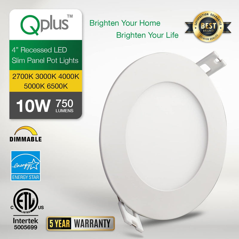 QPLUS 4Inch Dimmable LED Recessed Light, Ultra Thin Ceiling Lights with Junction Box, Canless Downlight, 10W=75W, 750LM, IC Rated, ETL, Energy Star, CSA Approved, Airtight, 5000K Day Light – 4PK Home & Garden > Lighting > Flood & Spot Lights QPLUS   
