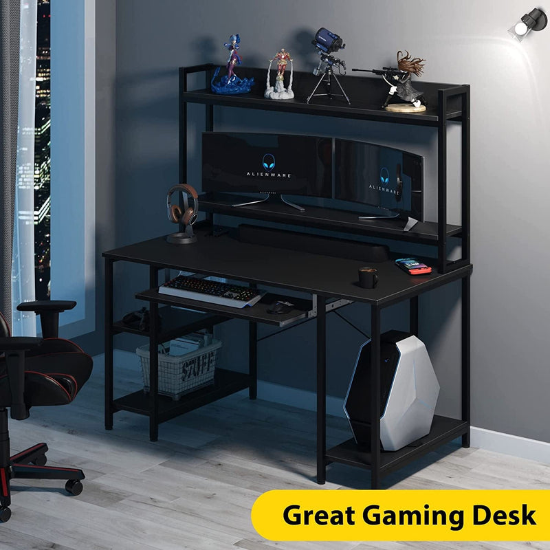 47 INCH Computer Desk with Hutch, Sturdy Home Office Desk with Keyboard Tray Industrial Work Desk Gaming Desk with Storage Shelves Dual Monitor Desk Study Writing Table, Easy to Assemble, Black Home & Garden > Household Supplies > Storage & Organization Calidohome   